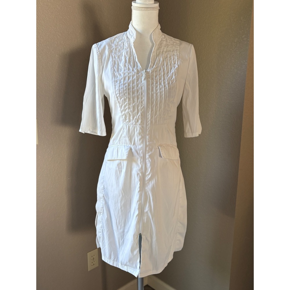 Noel Asmar White Pintuck Zip Front Spa Tunic Dress Womens XS Canada Made